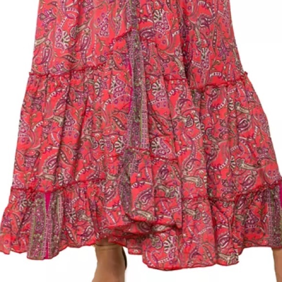 Anthropologie RAGA Open Back Maxi Dress Halter Top Red Paisley Ruffle Tassel M - Picture 7 of 8